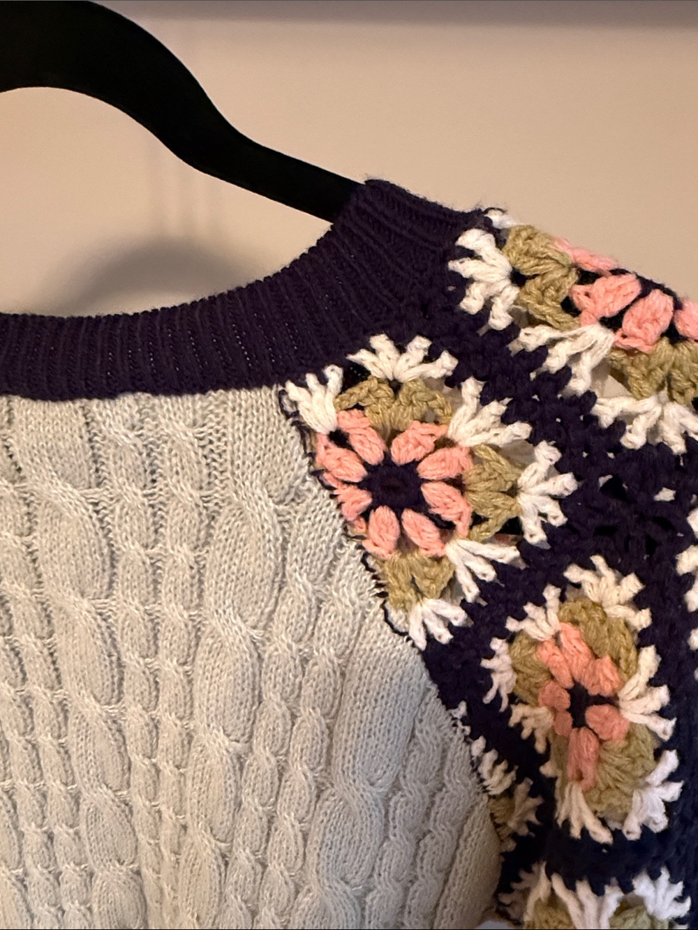 DAVI & DANI Navy and Light Blue Crochet Floral Sleeve Cable Knit Sweater - Picture 10 of 16